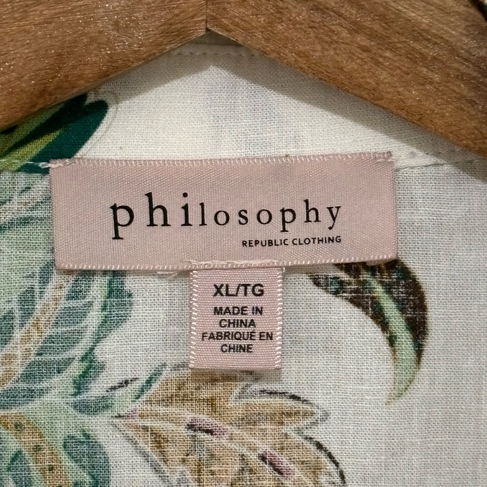 Philosophy Tie-Front Button Down Green Floral Lin… - image 4